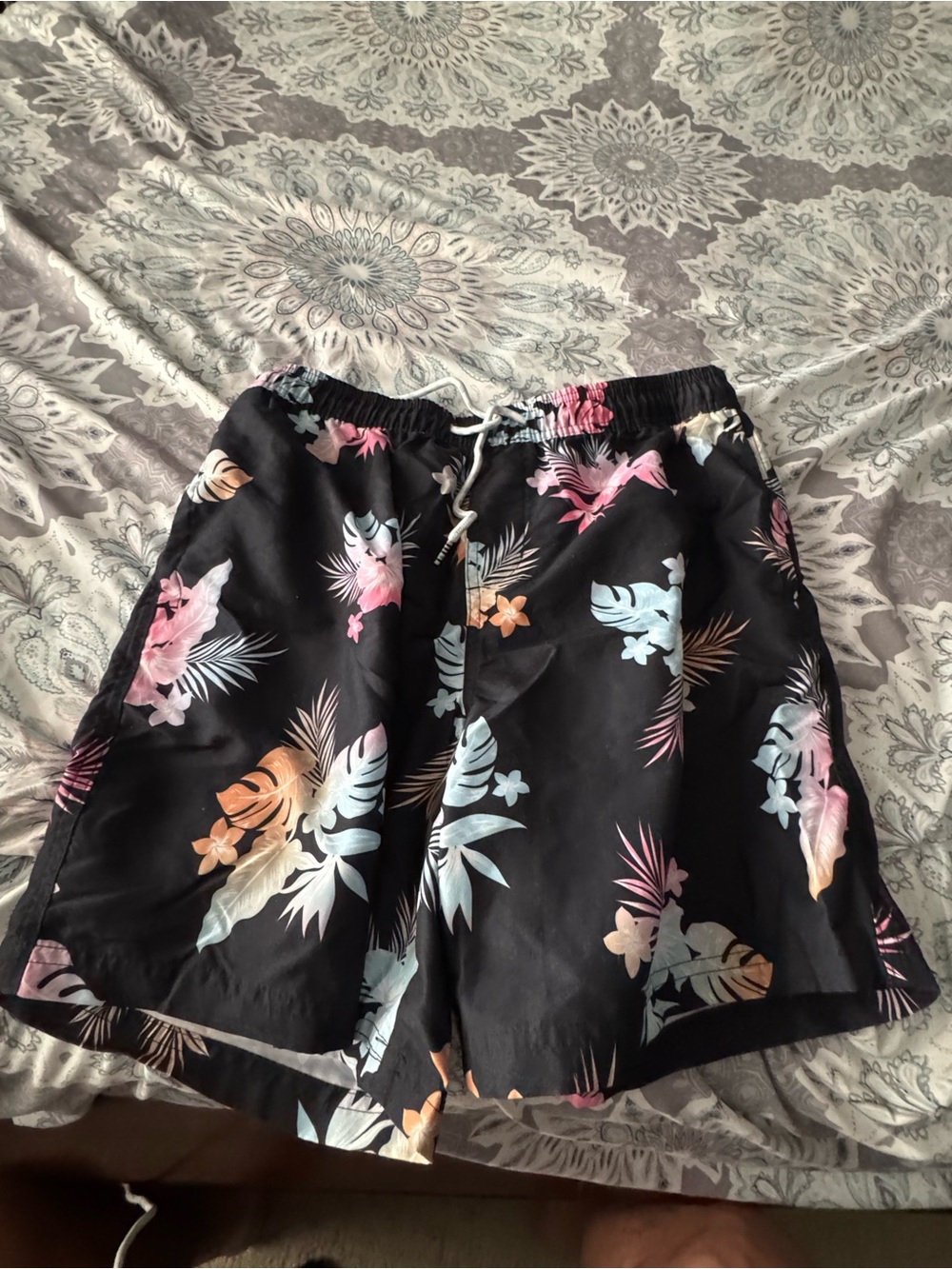 Original Use Black Swim Shorts with Multicolor Floral Trim